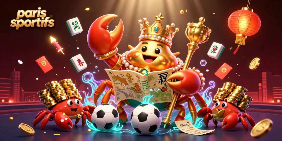 Pariez avec les paris sportifs dans une illustration dynamique de casino 3D, avec un empereur crabe et des éléments de jeu.