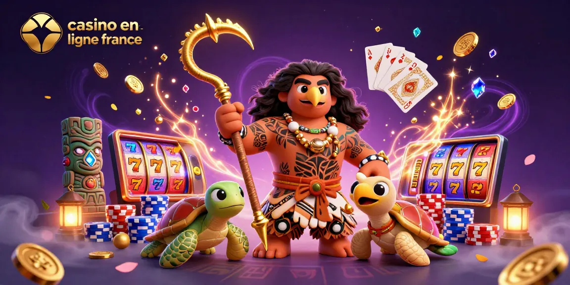 Plongez dans le monde du casino en ligne France avec cette illustration captivante d'un dieu hawaïen et sa tortue.