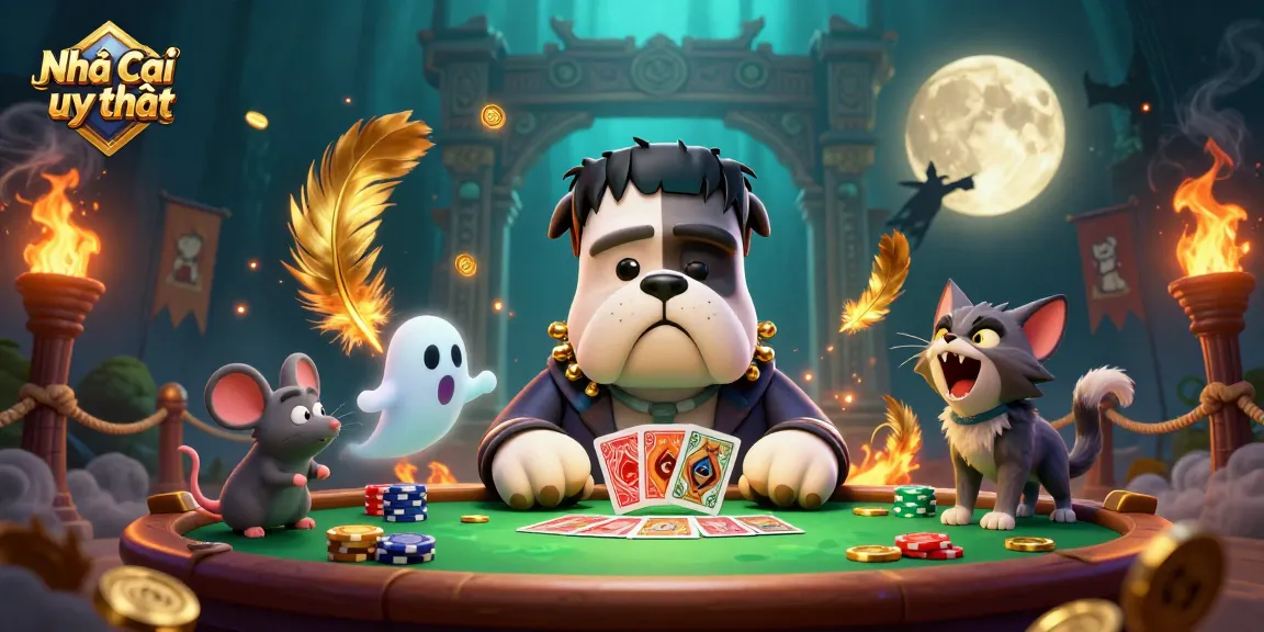 Engage with the thrilling scene of Nhà cái uy tín featuring a Frankenstein bulldog dealing cards amidst vibrant casino elements.