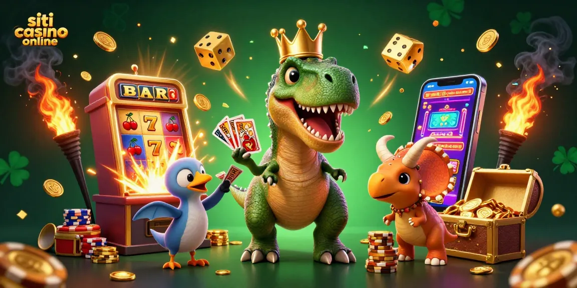 Gioca nei siti casino online con un T-Rex che mescola le carte e un triceratopo che impila fiches d'oro.