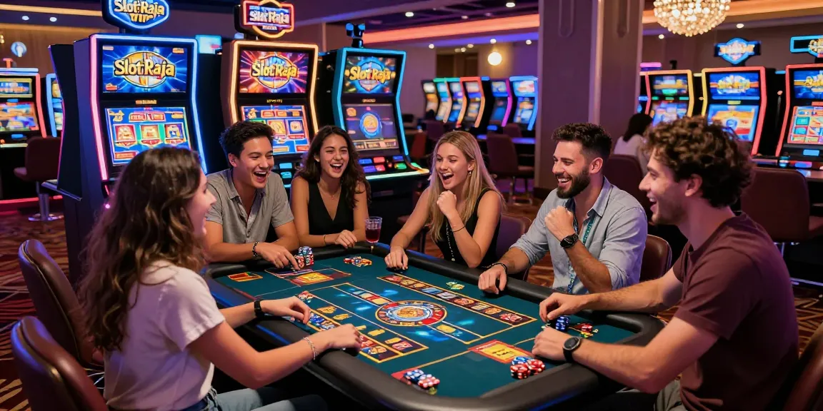 A group enjoying the excitement of slot raja in a lively casino setting, celebrating wins together.
