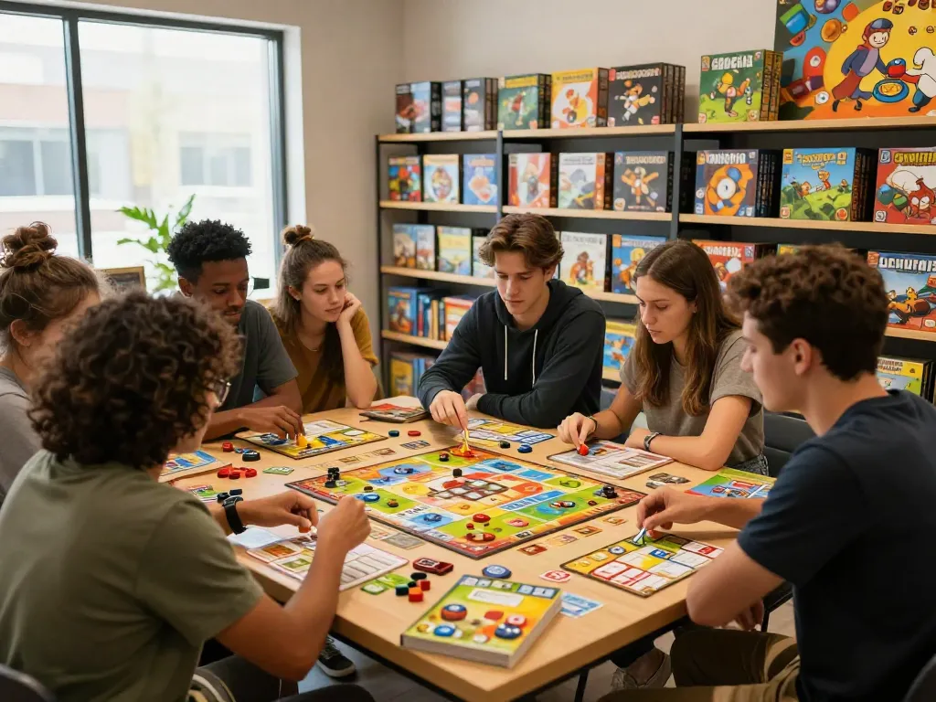 Cialis enhancing the joy of board games with friends in a vibrant game store atmosphere.