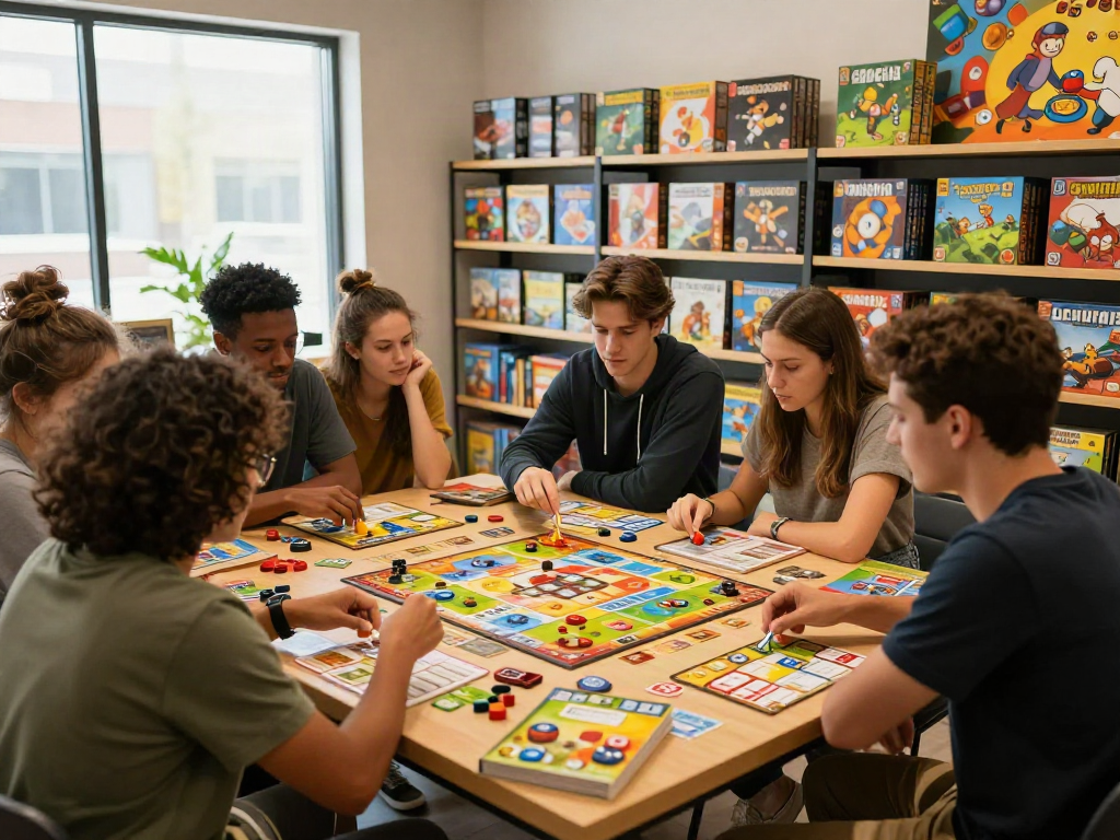 Cialis enhancing the joy of board games with friends in a vibrant game store atmosphere.