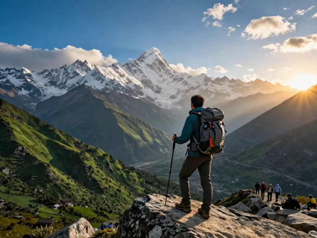 Trek to Manaslu Circuit with travelers enjoying breathtaking mountain views at sunset.