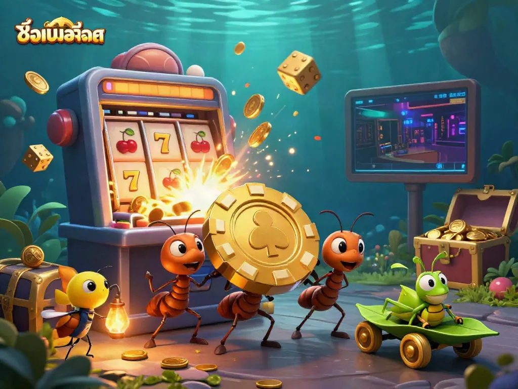 Engaging 3D cartoon heist scene showing ants carrying a golden poker chip in an underwater tunnel, showcasing casino theme elements connected to ชื่อเกมสล็อต.