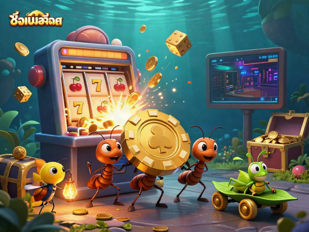 Engaging 3D cartoon heist scene showing ants carrying a golden poker chip in an underwater tunnel, showcasing casino theme elements connected to ชื่อเกมสล็อต.