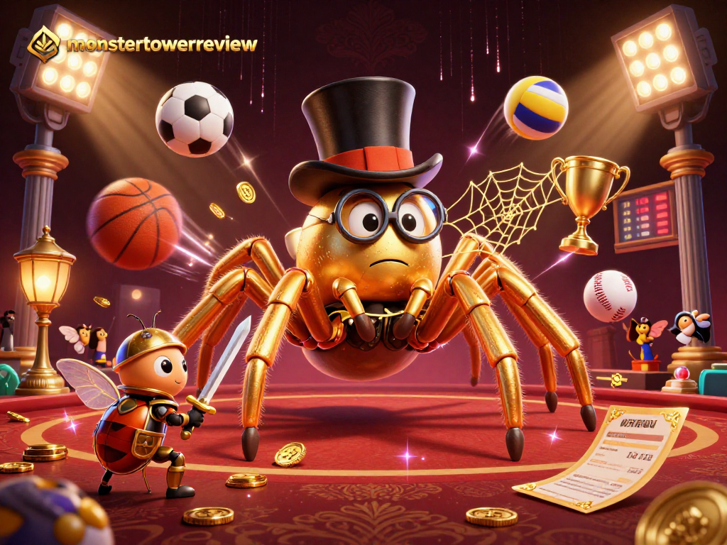 Engage with the dynamic chaos of monstertowerreview, featuring a golden tarantula and knight amidst casino thrills.