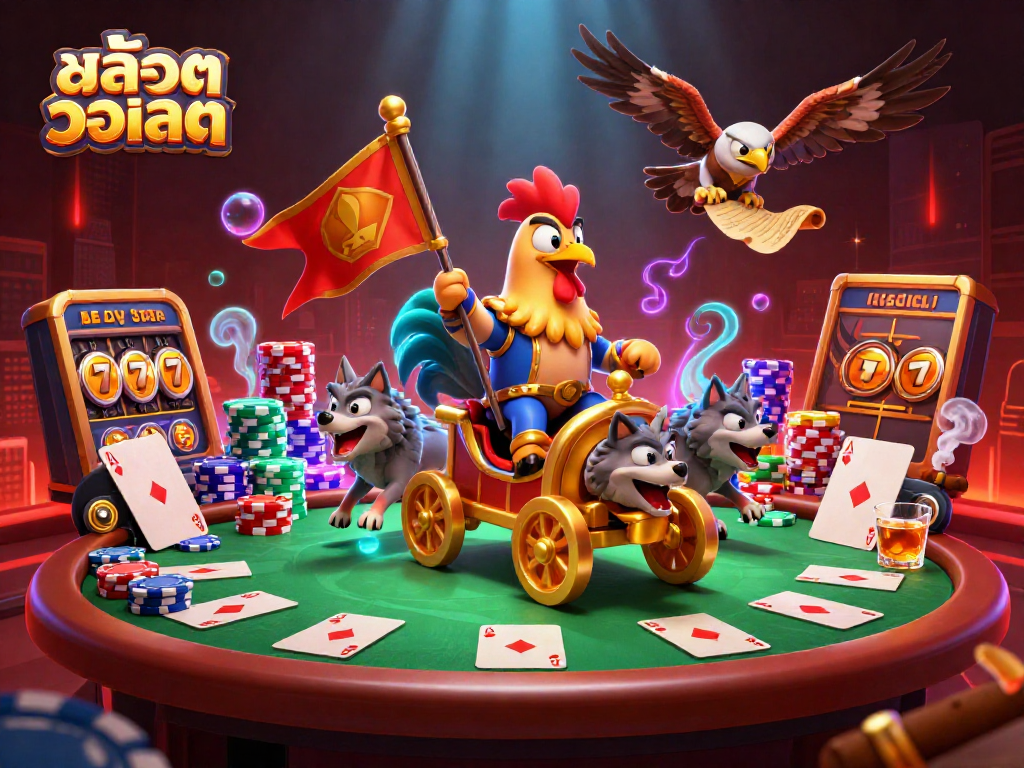 Engage in exhilarating gameplay with สล็อตวอเลท featuring a vibrant scene of cartoon characters and casino elements.
