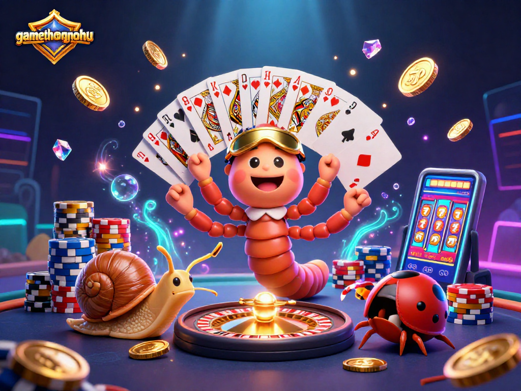 Experience the thrill of gamethuongnohu as a millipede dealer juggles cards amidst a dazzling casino atmosphere.