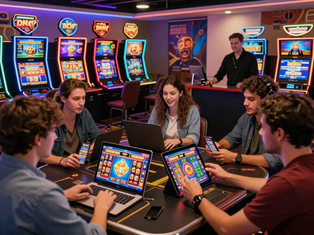 Players engaging in situs888 login at a vibrant online gaming setup, showcasing various gaming devices.