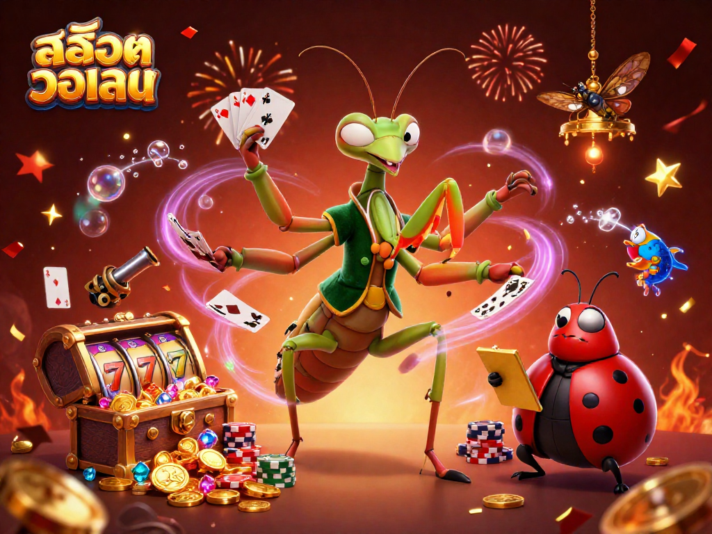 Experience exciting สล็อตวอเลท action with a vibrant 3D casino scene featuring a mantis dealer and celebrating elements.