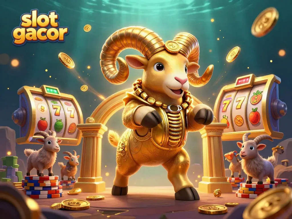 Experience thrilling action with slot gacor amidst a vibrant casino world featuring a golden ram.