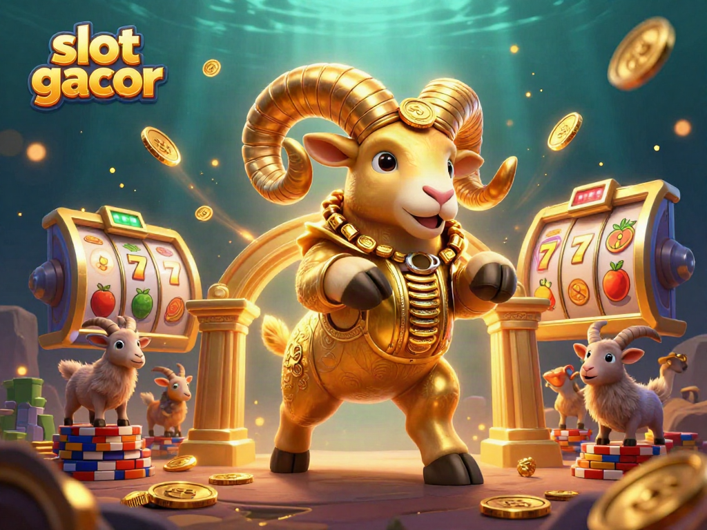 Experience thrilling action with slot gacor amidst a vibrant casino world featuring a golden ram.