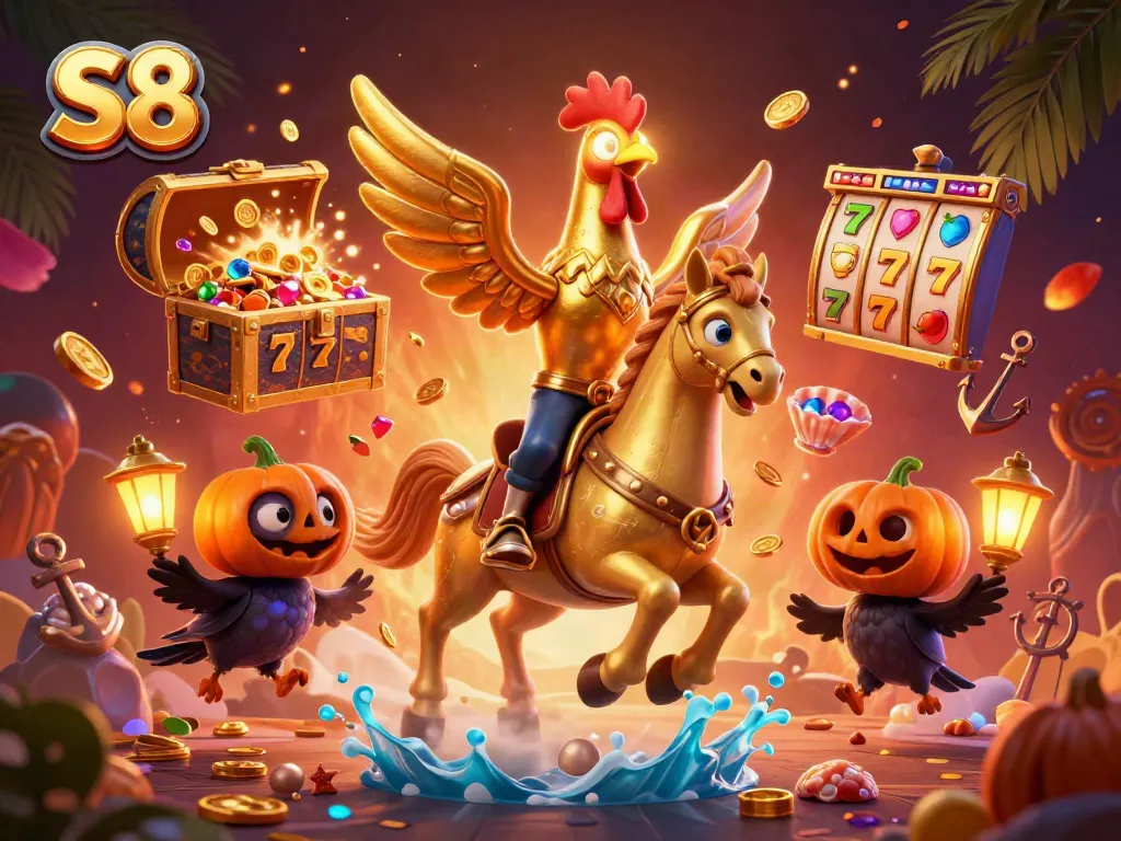 Witness S8, where a golden rooster heads a spectral casino adventure with glowing treasures and vibrant slot games.