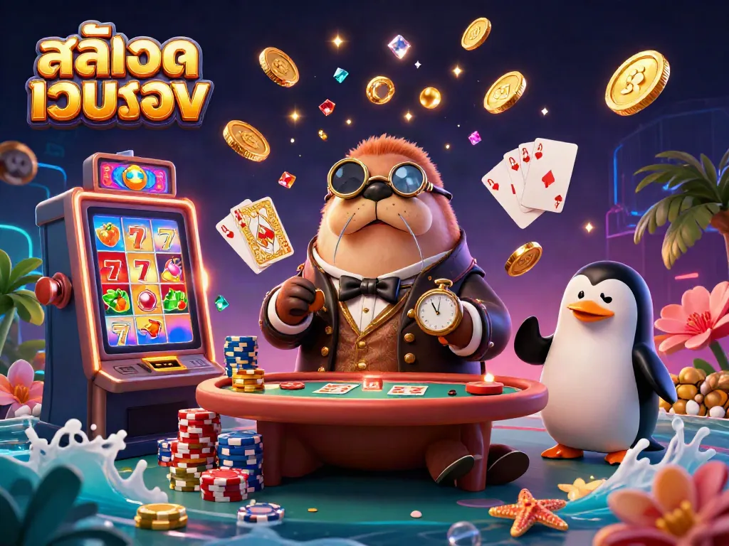 Spin the reels with สล็อตเว็บตรง as the jolly walrus enjoys a lively poker game underwater.