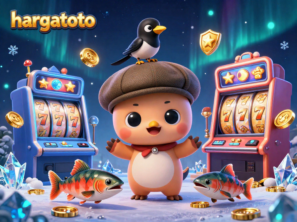 Spin the slots with hargatoto in this colorful 3D cartoon scene featuring playful characters and jackpot excitement.