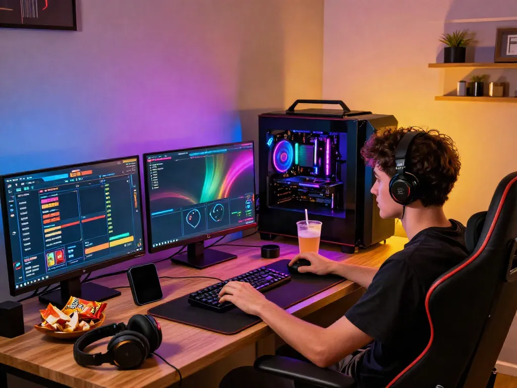 Engaged user playing togel online, vibrant gaming setup with LED lights.