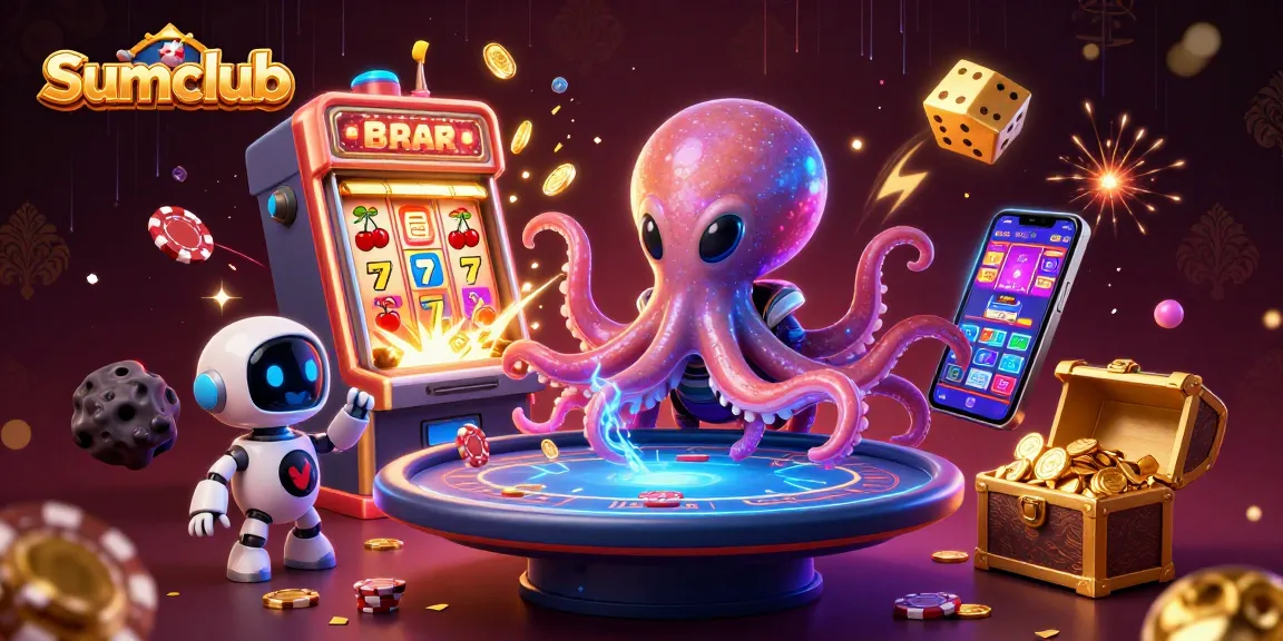 Experience the excitement at Sumclub with an alien octopus and a robot at a floating poker table.