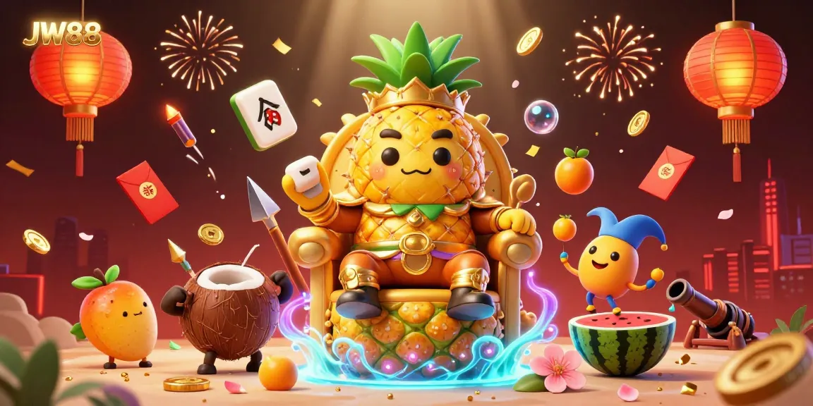 Engage with the vibrant JW88 casino scene featuring the golden pineapple king amidst colorful game elements.