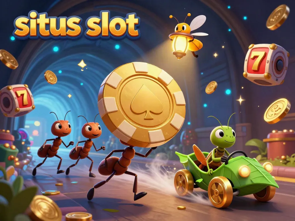 Experience the excitement of situs slot with a thrilling heist scene featuring cartoon ants and slot elements.