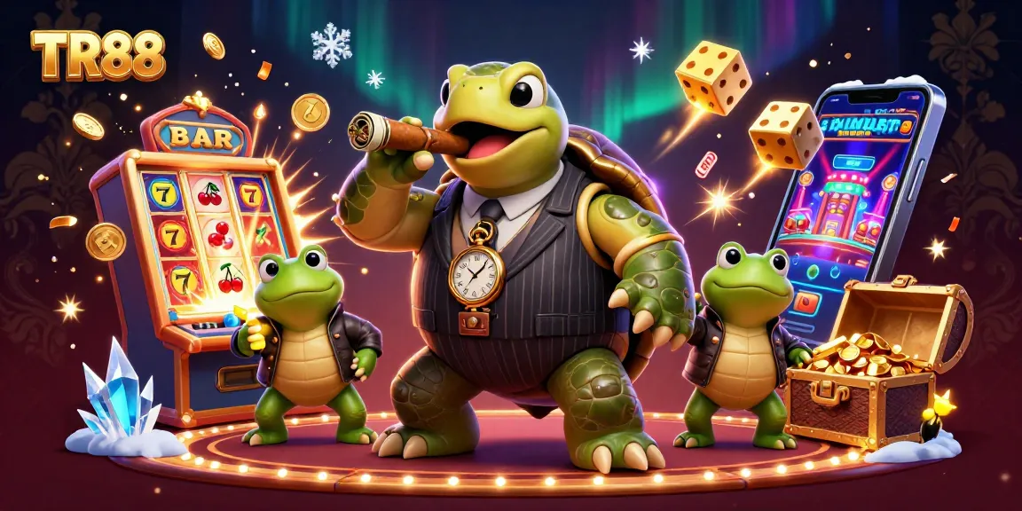 TR88 shows a 3D snapping turtle and bullfrog enforcers among bursting slot machines and vibrant casino elements.