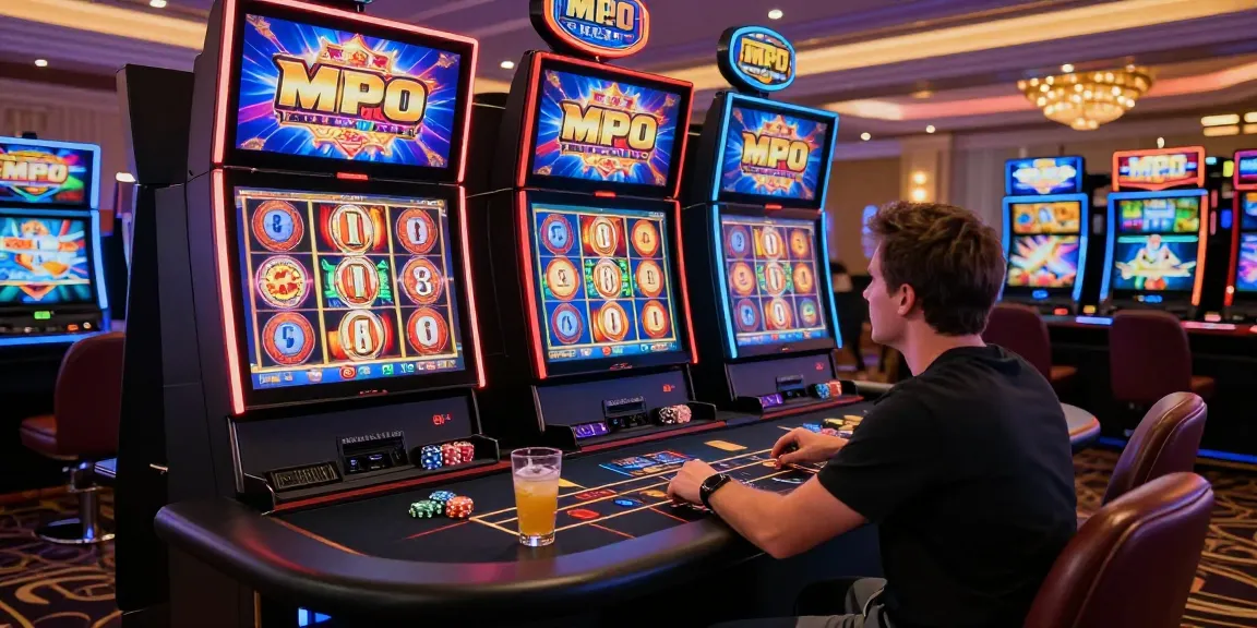 Exciting moment at a stylish online casino playing slot mpo, vibrant atmosphere with colorful slot machines.