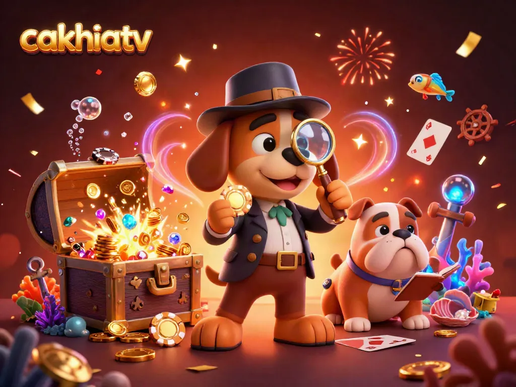 Cakhiatv showcases exciting treasure hunt in this vibrant 3D digital art featuring cartoon detective and bulldog.