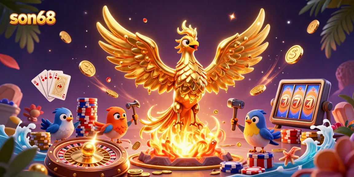 Experience thrilling wins with son68 in this vibrant 3D casino scene full of excitement and action.