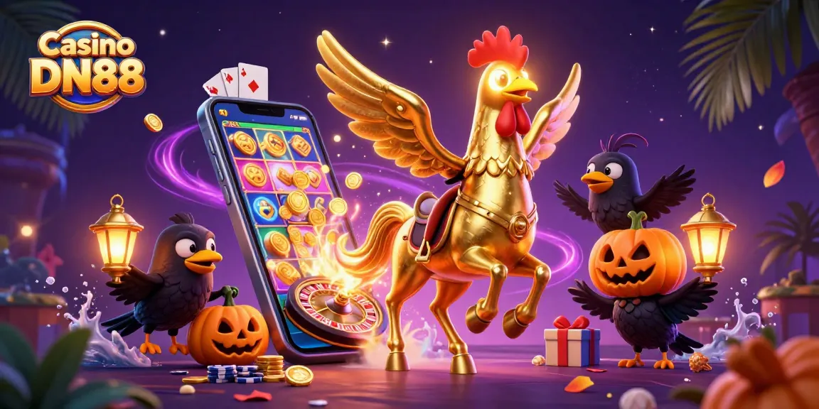 Experience thrilling games with Casino DN88 in this vibrant, 3D animated casino scene.