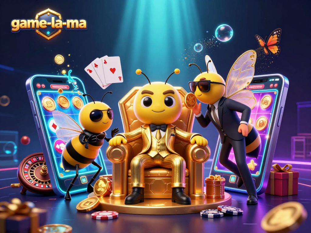 Engage with game-la-ma's thrilling slot game experience through a vibrant 3D casino illustration featuring a charismatic bumblebee mob boss.