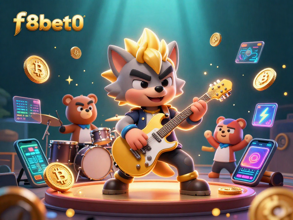 Join the action at f8bet0 with a lively 3D casino scene featuring a rock star wolf and crypto elements.