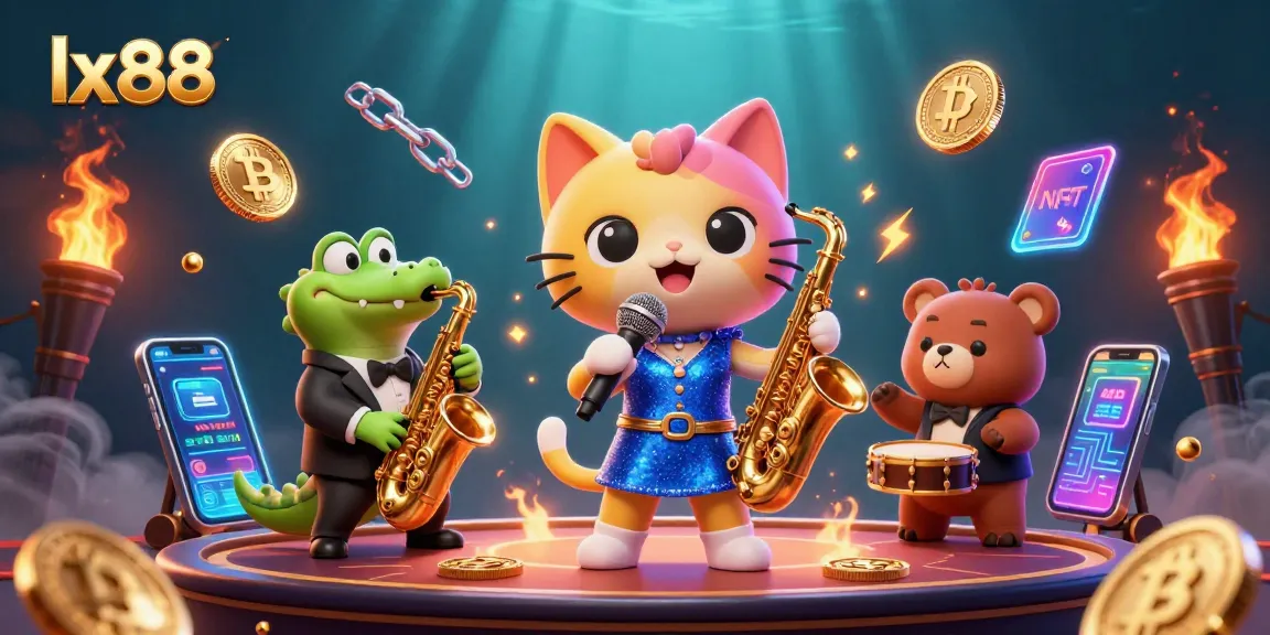 Join the excitement at lx88 with a vibrant scene of animated characters and crypto elements