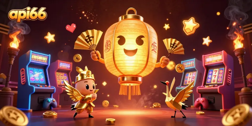 Engage with api66 in this vibrant 3D casino scene, featuring a golden lantern spirit and arcade game elements.