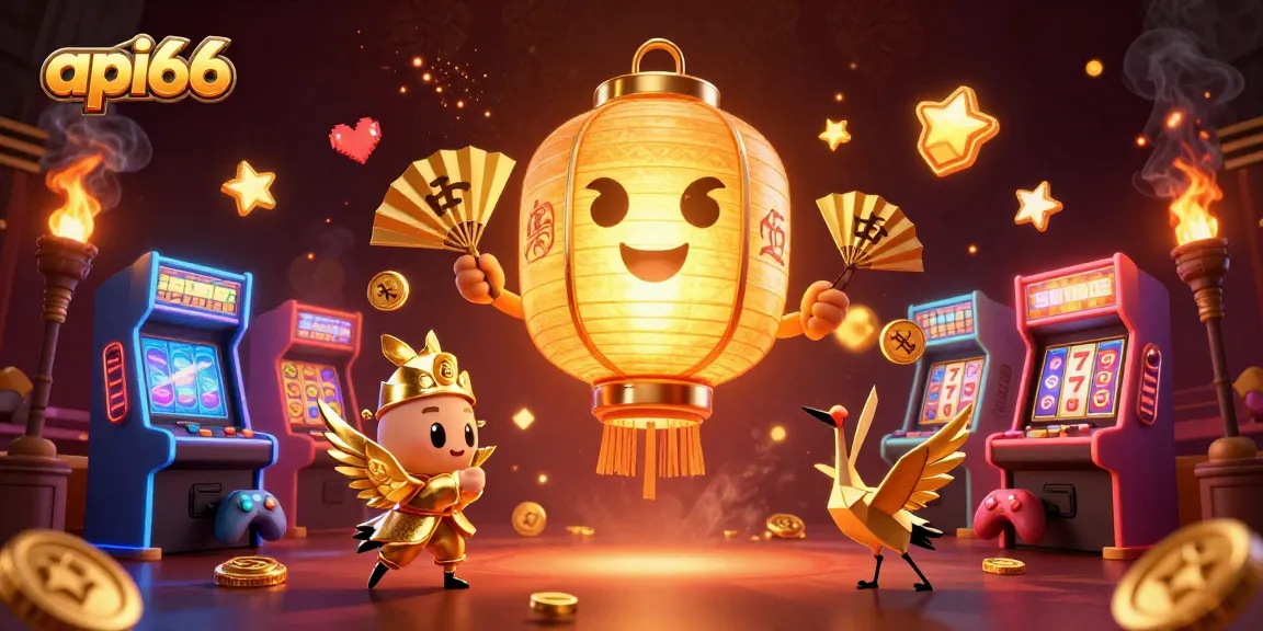 Engage with api66 in this vibrant 3D casino scene, featuring a golden lantern spirit and arcade game elements.