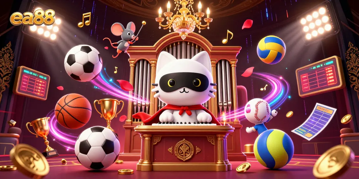 Win exciting games at ea88 with a captivating 3D illustration showcasing vibrant casino elements.