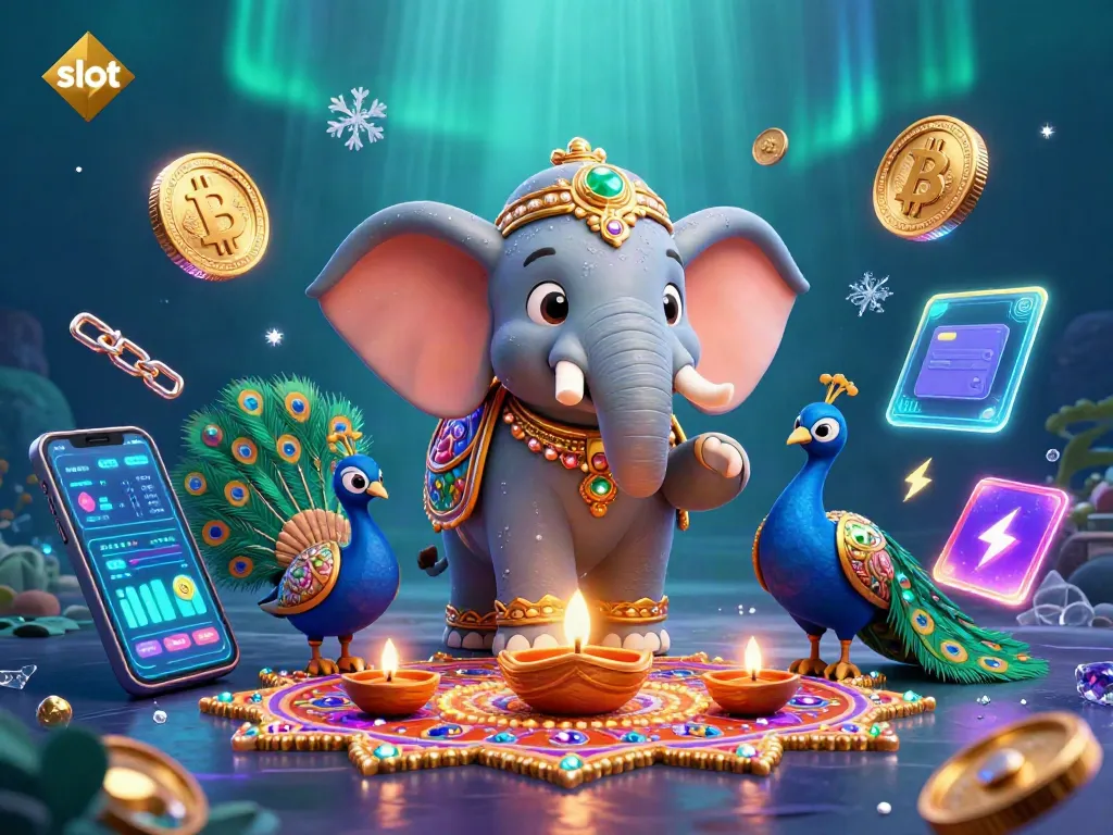 Experience thrilling slot games with vibrant visuals featuring a Diwali elephant and crypto elements.