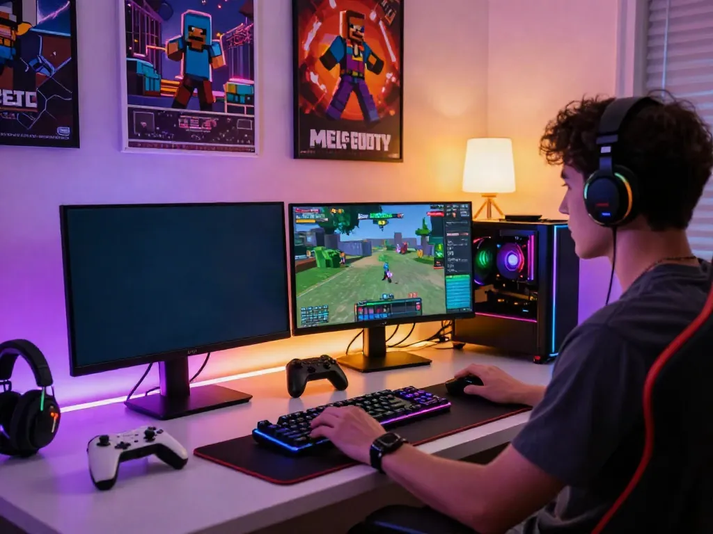 G15Tools gaming setup featuring monitors, gadgets, and vibrant ambient lighting