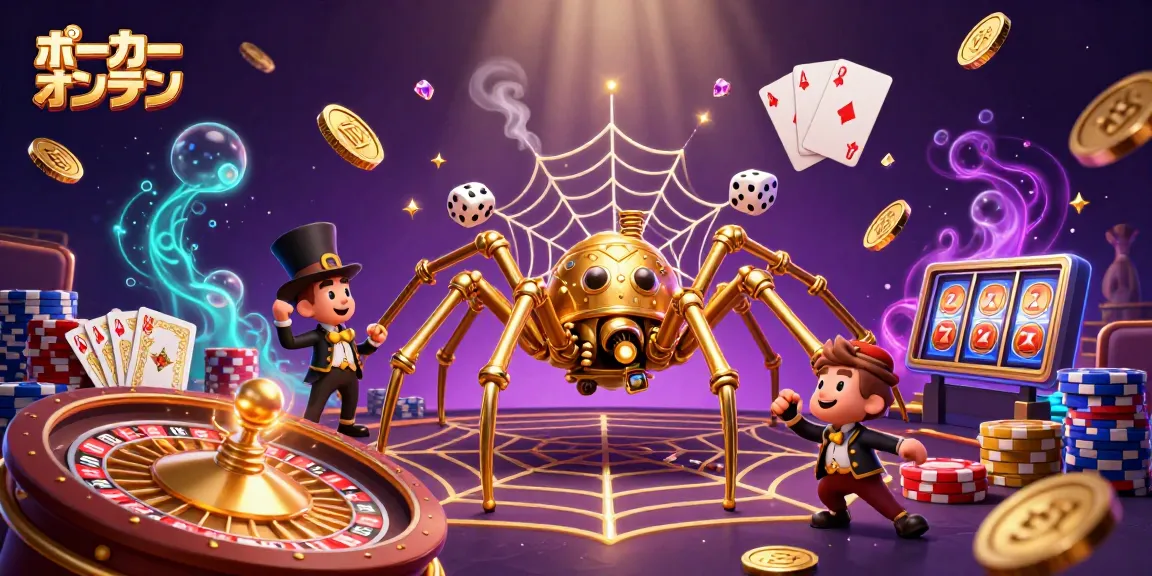 ポーカーオンラインをテーマにしたアニメ風のイラストで、スチームパンクデザインの金色のクモがポーカーチップの網を作っている様子。