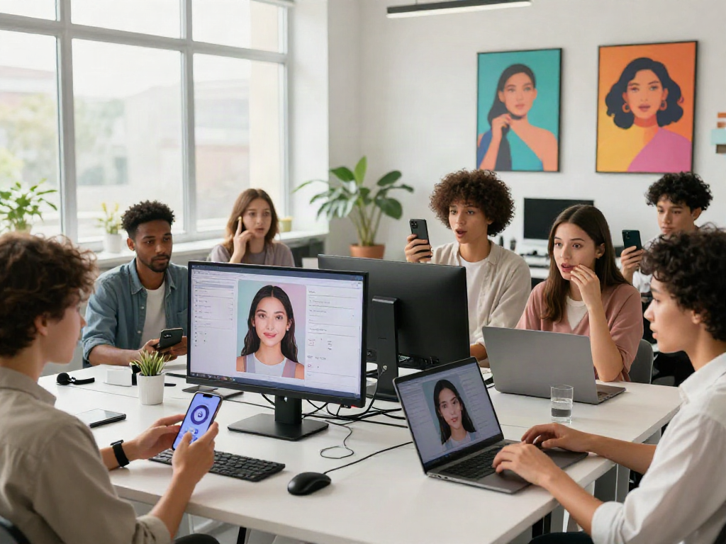 Participants engaging in the AI attractive test in a modern office, showcasing technology-driven beauty analysis.