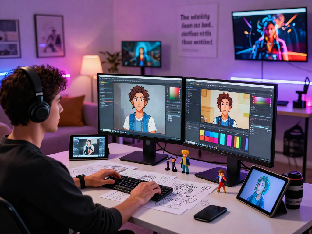 AI porn content creation workspace featuring dual monitors, software, and design elements in a modern studio.