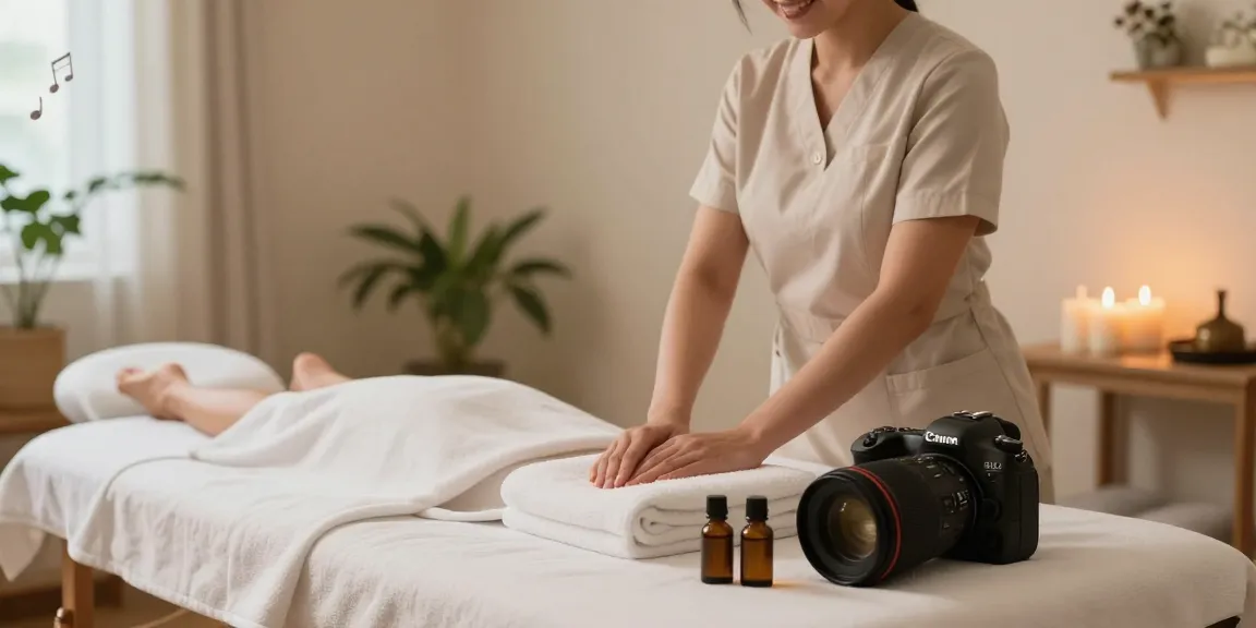 마사지 준비 중인 마사지사의 포근한 스파 치료실 풍경