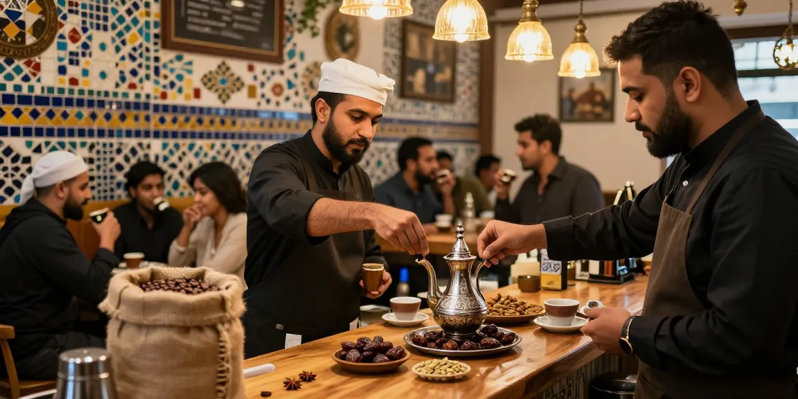 قهوجي الرياض يحضر القهوة التقليدية في مقهى مع أجواء دافئة