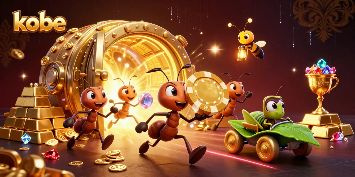 Experience thrilling gameplay in kobe’s vibrant world with animated ants carrying golden poker chips.