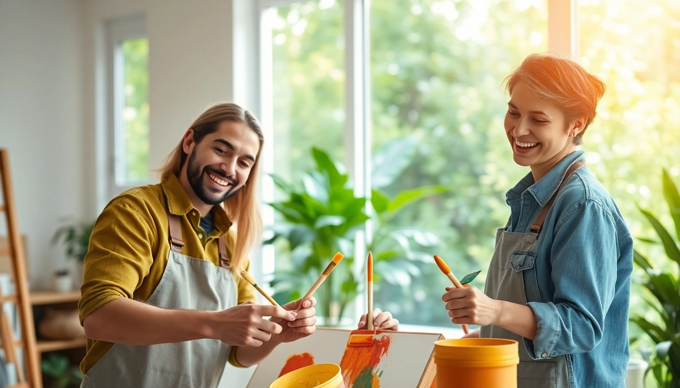 Eco friendly painters applying natural paints in a bright home interior.