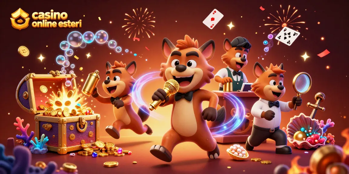 Giocatori gioiscono nei casino online esteri mentre un comico intrattiene il pubblico con umorismo e premi.