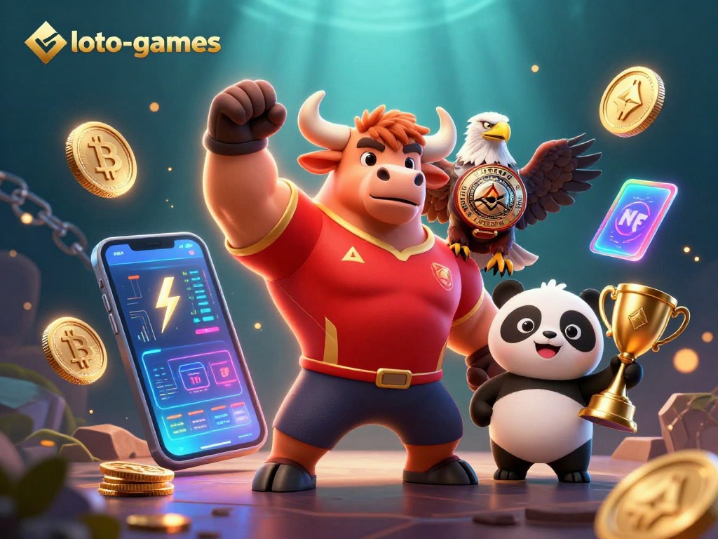 Loto-games showcases energetic gaming scene with cartoon bull, eagle, and panda among crypto elements and vibrant backgrounds.