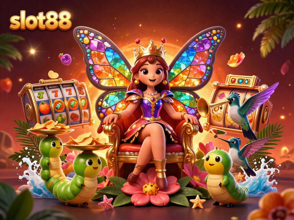 Engage in colorful slot88 gameplay with vibrant butterfly queen, dynamic game elements, and rich details.