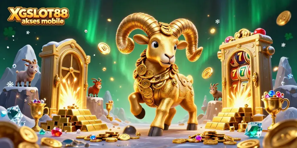 XGSLOT88 akses mobile menampilkan ilustrasi 3D menarik dengan domba emas dan elemen permainan slot yang berkilauan.