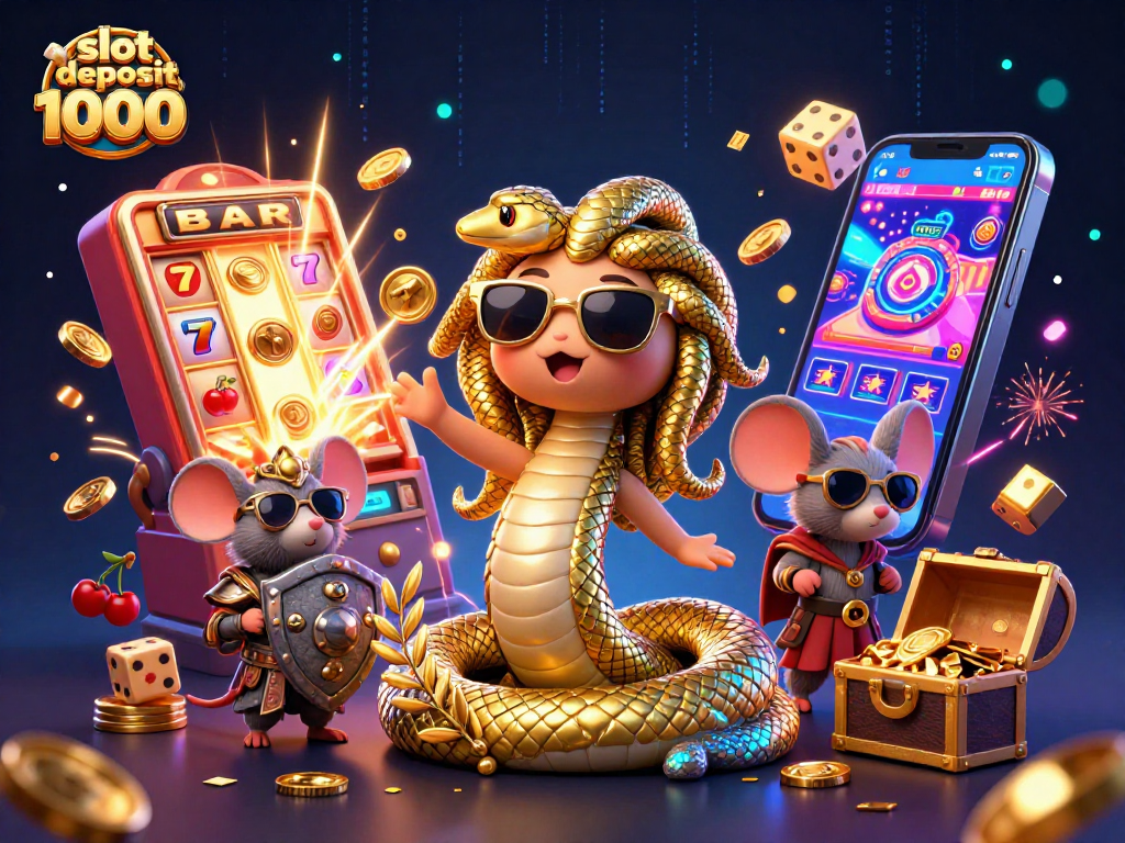 Win big at slot deposit 1000 with adorable Medusa and mighty warrior in a thrilling casino scene.