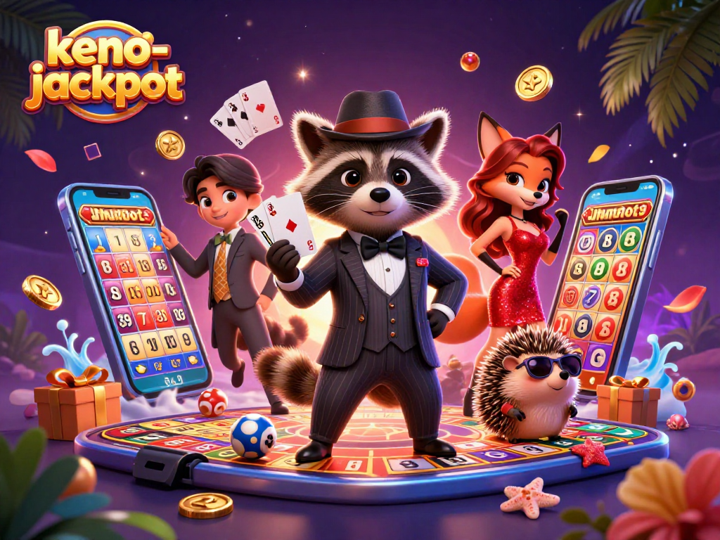 Experience vibrant keno-jackpot gaming with thrilling characters and dynamic casino elements.